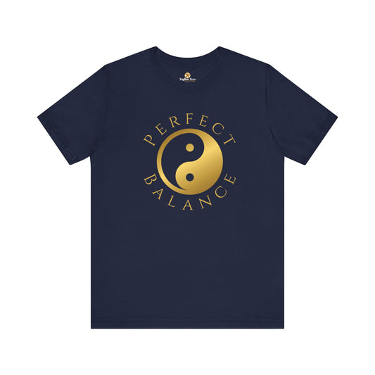 Navy blue t-shirt with gold 'Perfect Balance Yin Yang symbol' design