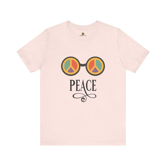 Pink t-shirt with peace symbol John Lennon's sunglasses design