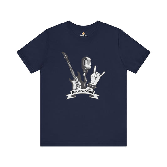 Navy blue t-shirt with rock 'n' roll graphic on a white background