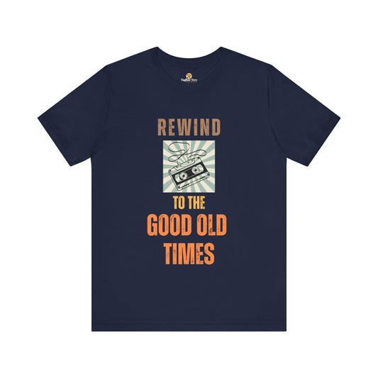 Navy blue t-shirt with 'Rewind to the Good Old Times' text and cassette tape graphic  retro background
