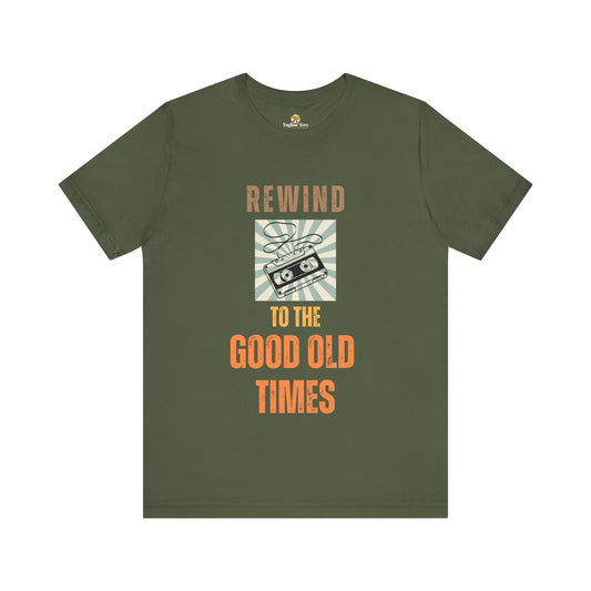 Green t-shirt with 'Rewind to the Good Old Times' text and cassette tape graphic retro background