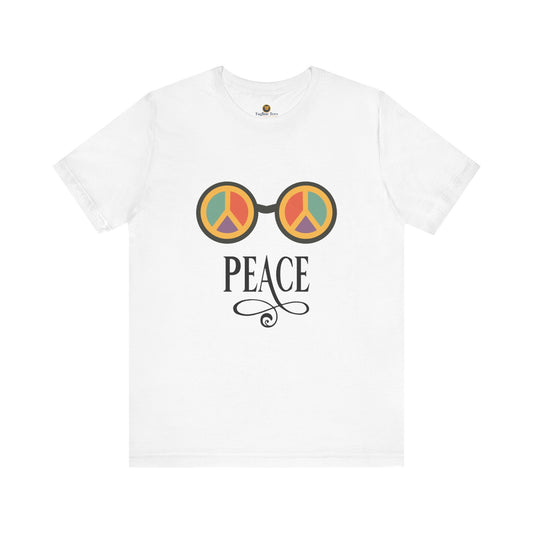 White t-shirt with peace symbol John Lennon's sunglasses design on a white background