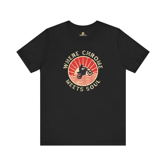 Where Chrome Meets Soul - Retro Sunset Biker Unisex Tee