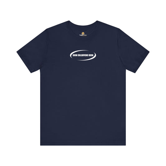 Navy blue t-shirt with a logo on the chest against a white background