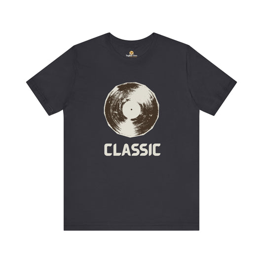 Retro Black t-shirt with a vinyl record graphic and 'CLASSIC' text 