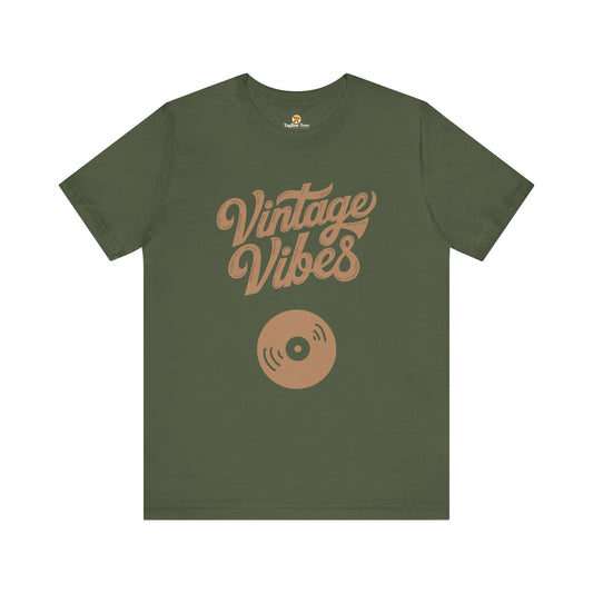 Green t-shirt with 'Vintage Vibes' text and vinyl record retro design
