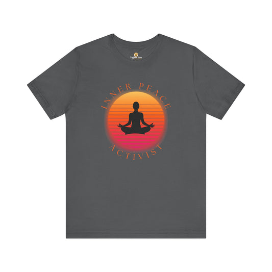 Gray t-shirt with a sunset design and 'Inner Peace Activist' t featuring a meditating figure and text on a orange retro sunset background