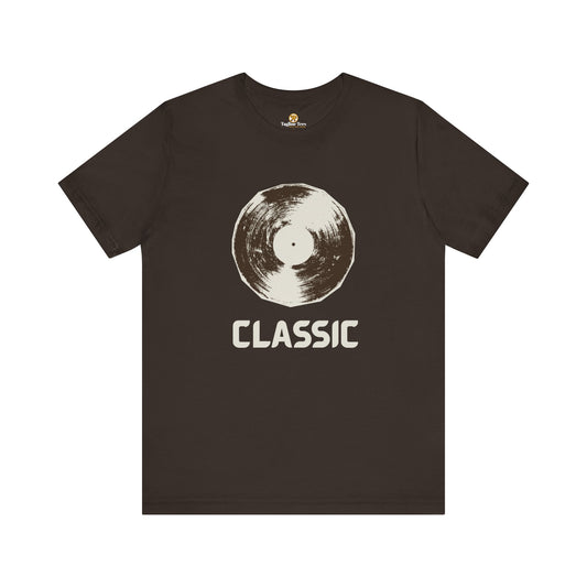 Retro Brown t-shirt with a vinyl record graphic and 'CLASSIC' text 